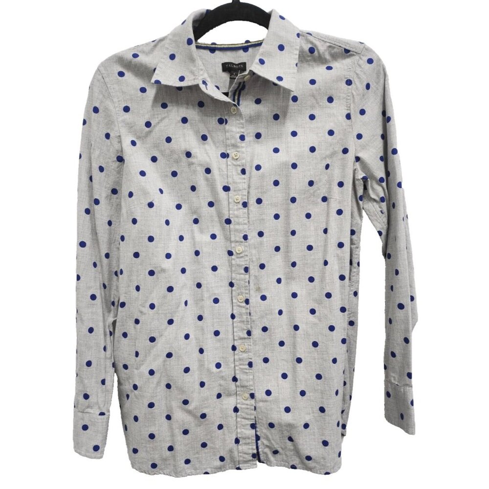 Talbots‎ Womens Shirt Small Gray Blue Polka Dot Button Up Long Sleeve Preppy